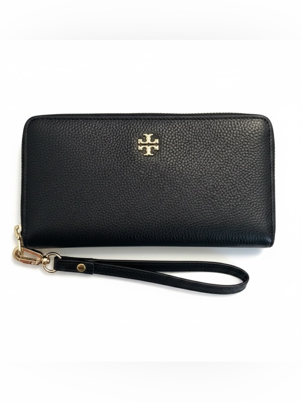 TORY BURCH Carter Pebble Leather Smart Phone Bi-fold Zip Wristlet Wallet, Black